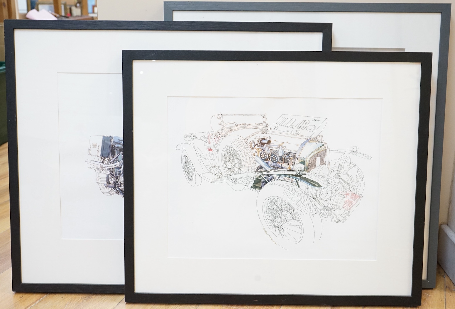 Peter Hutton (Contemporary), three watercolours, ‘Brough Superior SS100’, ‘Bentley’ and ‘Maserati 16 cylinder’ each inscribed verso, 33 x 43cm. Condition - good